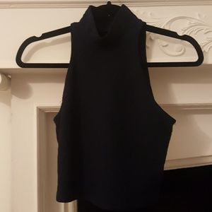 Navy Mock Neck Fitted Crop Top Diamond Stitch